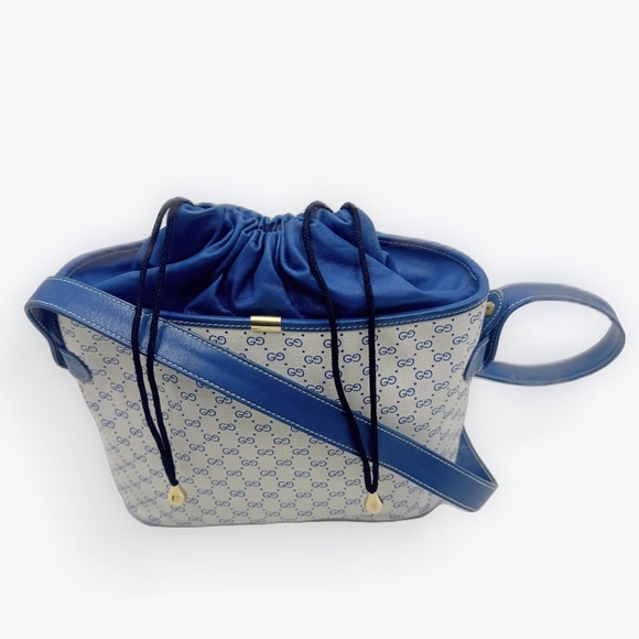Auth Old Gucci Vintage Blue White Mini Supreme PVC Small Bucket Bag Cinch - Picture 8 of 16